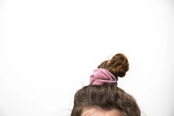 Messy Hair Bun Female Brunette Closeup Grey White Background Copy — Stock Photo, Image