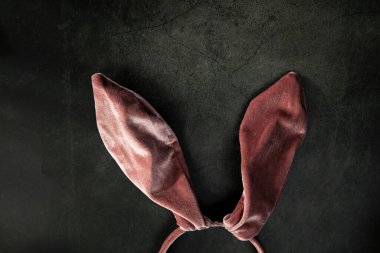 White fluffy bunny rabbit pink ears isolated on concrete black background. Creative easter concept. Minimal concept top view, Happy Easter concept close up