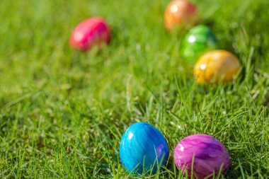 Painted decorated colorful Easter eggs in Fresh Green Grass with copy space, spring Happy Easter concept. Beautiful nature meadow Holiday, Easter, egg hunting background close up