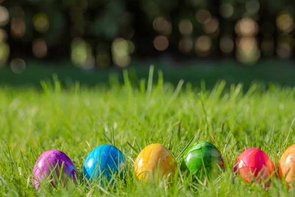 Painted decorated colorful Easter eggs in Fresh Green Grass with copy space, spring Happy Easter concept. Beautiful nature meadow Holiday, Easter, egg hunting background close up