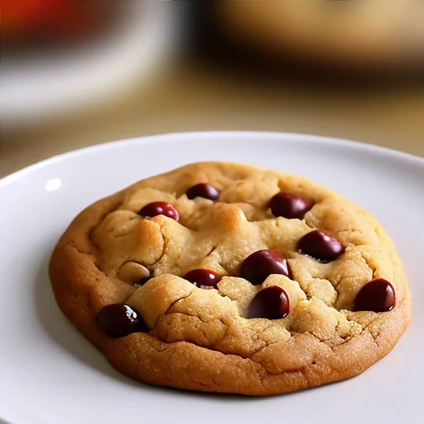 Chcocolate Chip Cookies Vit Platta Med Suddig Bakgrund Illustration Bakverk — Stockfoto