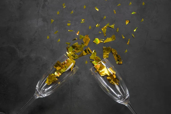 Cheers Two Glasses Champagne Gold Decoration Celebration Concept Top View — Stock Photo, Image