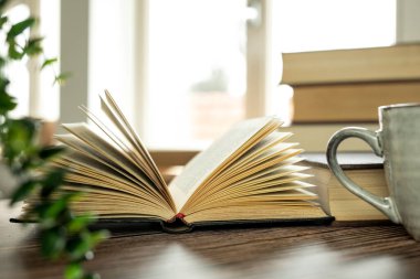 Eðitim öğrenme konsepti, evde ofis odasýnda kitap veya ders kitabý açýlýđý, edebiyat metni yığýnlarý, okuma masasýna ve okul çalýþma odasýndaki kitaplýk koridoruna yığýlý akademik arşiv, içerideki öðrenci