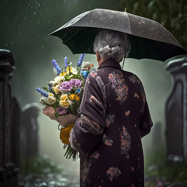 Oudere Vrouw Met Bloemen Staande Grave Het Kerkhof Stromende Regen — Stockfoto