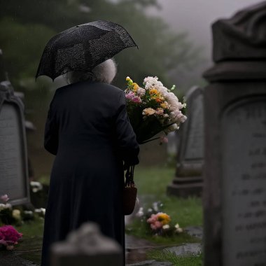 Şemsiyeli yağmurun altında mezarlıkta çiçekli yaşlı kadın ayakta duruyor.