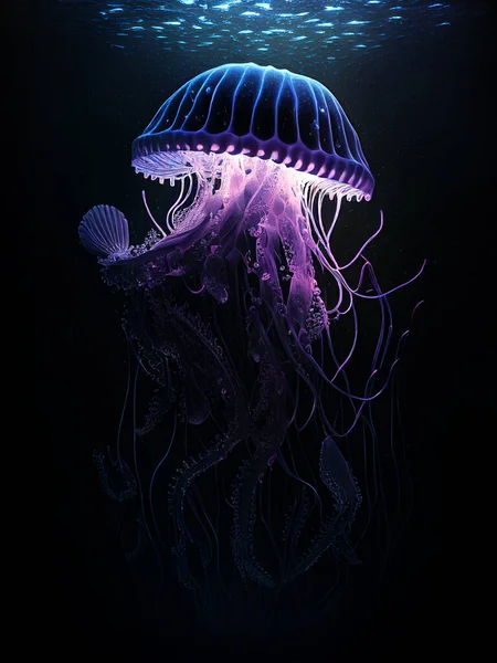 Purple Blue Jellyfish Dancing Dark Blue Ocean Water Portrait Jellyfish — Stock Photo, Image