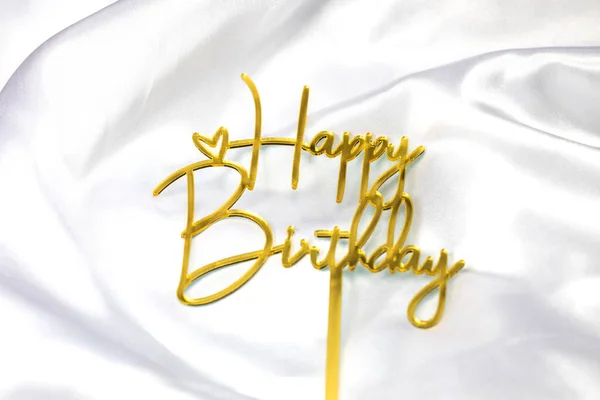 Happy Birthday Text Sign Topper Stick White Satin Background Sparkling — Stock Photo, Image