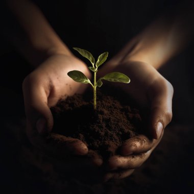 Dikmek için küçük bir ağacı tutan el. Toprakta taze bir tohum tutan eller, koyu gölgeler, konsept yeşil dünya günü toprak, çiftçi, doğa, yeni hayat, ekme