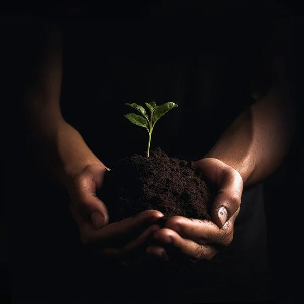 hand holding small tree for planting. hands holding a fresh green seedling in dirt, dark shadows,concept green world earth day,farmer,nature,new life, planting