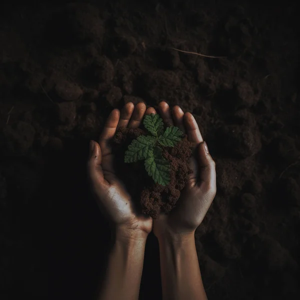 hand holding small tree for planting. hands holding a fresh green seedling in dirt, dark shadows,concept green world earth day,farmer,nature,new life, planting