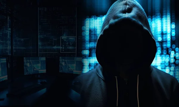 Hacker wearing black hoodie with blue neon lights on background, broke the security in the system.The dangers of digital thieves,unknown person with copy space danger