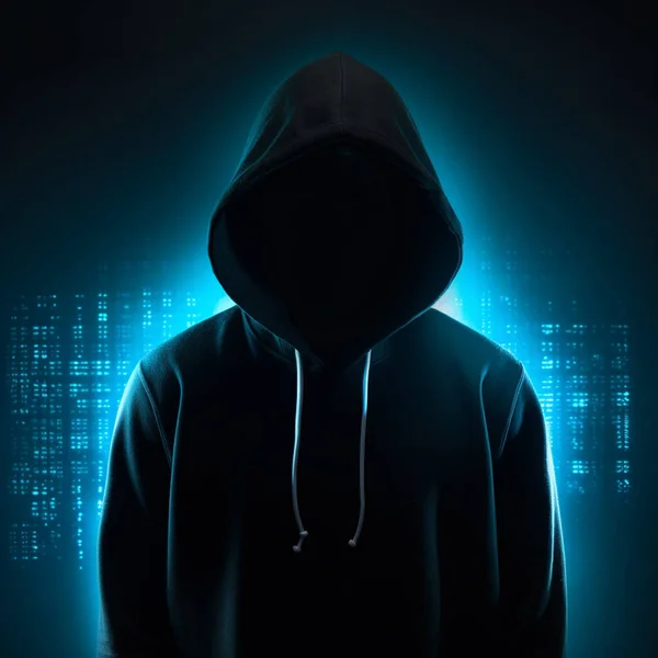 Hacker Con Cappuccio Nero Con Luci Blu Neon Sullo Sfondo — Foto Stock