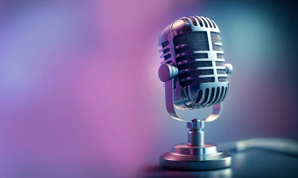 Micrófono Profesional Con Banner Fondo Rosa Púrpura Podcast Estudio Grabación —  Fotos de Stock