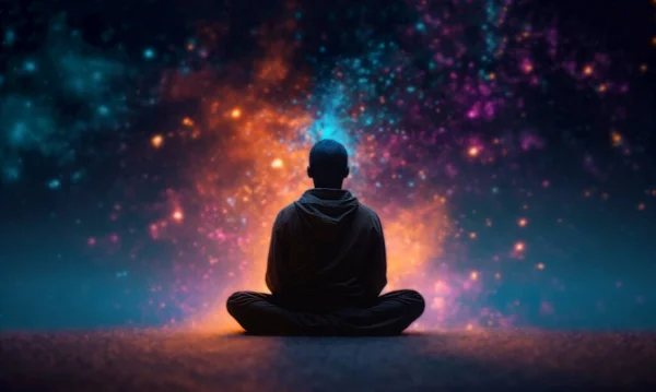 Buddhistischer Mönch Beobachtet Das Universum Sitzend Lotusposition Meditieren Galaxie Und — Stockfoto