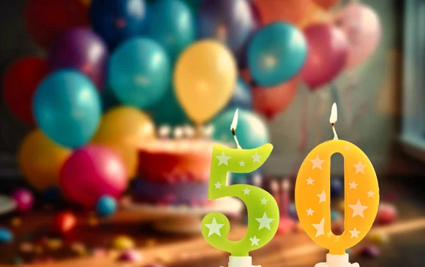 Gelukkige Verjaardagskaart Met Kaars Nummer Tegen Feestelijke Achtergrond Met Ballonnen — Stockfoto