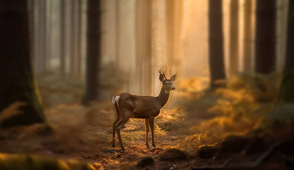 年轻美丽的鹿儿在日出和薄雾的森林里 天然林地黎明景观 黑暗的阴影和金色的晨光背景夏天的自然美景森林 — 图库照片