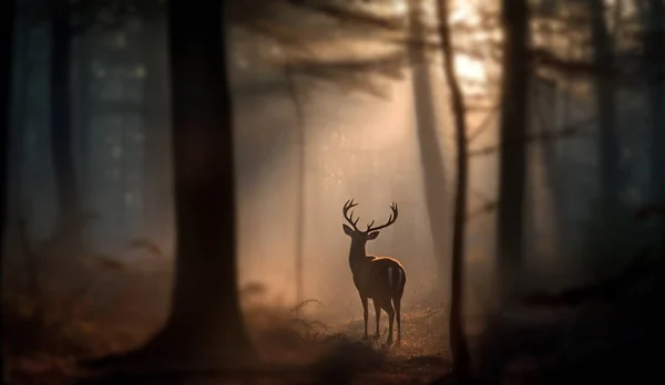 stock image Young beautiful deer in a sunrise and misty forest. Natural woodland dawn landscape. Dark shadows and golden morning sun background summer nature beauty forest