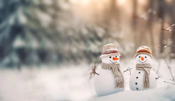 快乐的雪人在冬季风景与复制的空间 模糊的白雪公主迷人的背景 圣诞快乐新年贺卡冬季仙境自然空间作文集 — 图库照片