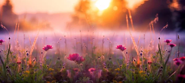 Summer Flower Meadow Wildflower Field Pink Morning Sunlight Idyllic Spring — Stock Photo, Image