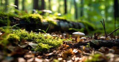 Parlak orman temizliği, güzel güneş ışığı ve Bokeh ile mevsimsel doğa arka planı ve kısa alan derinliği. Metin için yeri olan yakın plan, vahşi yaşam doğa mantarları ve yeşil taze yapraklar üzerine yakın çekim