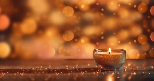 one burning candle lights at the edge of blurred festive background, decorative golden shiny candle lights copy space, Holiday,Happy New Year,Merry Christmas,Festive,party background concept space for