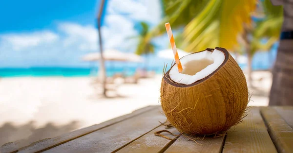 Cóctel Tropical Coco Fresco Con Paja Playa Blanca Con Océano — Foto de Stock