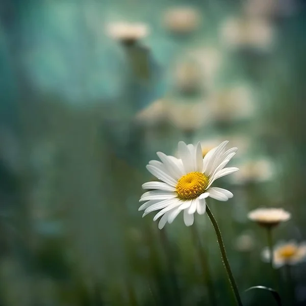 草原の緑の草とカモミール 太陽のまぶしさの中で白いデイジーを開花させる春または夏の自然シーン 焦点を合わせて テキストのためのコピースペースで着色されたパステル — ストック写真