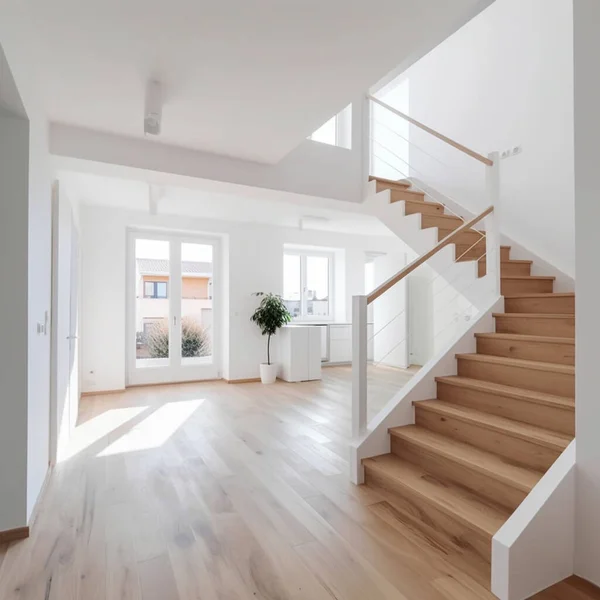 New modern empty house with wooden stairs, Interior of stylish house corridor, entry, staircase luxury home, wood floor empty living room at daylight, house for sale,mortgage,rent,apartment beauty