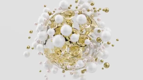 Crystal Transparent Liquid Ball Golden Molecules White Metal Golden Soft — Stockvideo