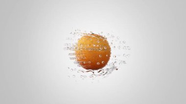 Fresh Orange rotating on light background with splashing transparent liquid flying from fruit. Nice water coming around nice fruit in slow motion. 3D render liquid simulation. 