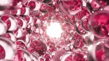 Soyut arka planda sıvı baloncuklu pembe serum. Kolajen molekülleri ile sıvı özlü jel. Cilt ve güzellik için nemlendirici krem veya yağ.
