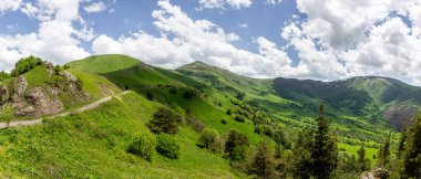 Tskhratskaro Geçidi, Gürcistan 'daki Trialeti (Kafkasya) dağ sırasındaki Panorama, yazın tehlikeli M-20 karayolu ve yeşil otlaklar, yüksek çözünürlüklü.