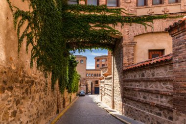 İspanya, Segovia 'da bir ortaçağ caddesinde, yemyeşil sarmaşık ile kaplanmış dar taş geçit (Hedera).