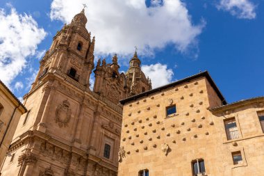 İspanya, Salamanca 'daki Casa de las Conchas ve La Clerecia kilise binaları alçak açılı..