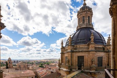 Ortaçağ İspanyol mimarisi, turuncu kiremitli çatılar, San Esteban manastırı, sokaklar ve konut binaları, La Clerecia kulesinden manzara, yüksek çözünürlüklü.