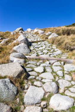 Sierra de Gredos dağlarındaki Plataforma de Gredos 'tan Laguna Grande Gredos Gölü' ne giden taş yürüyüş yolu, kuru kahverengi çimenler, sonbahar, İspanya.