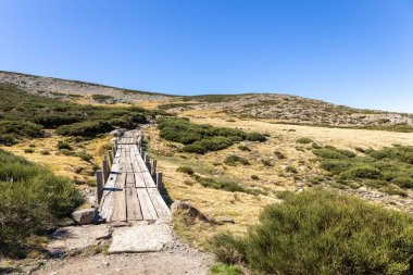 Tahta platformlar Sierra de Gredos dağlarındaki Plataforma de Gredos 'dan Laguna Grande Gredos gölüne uzanır..