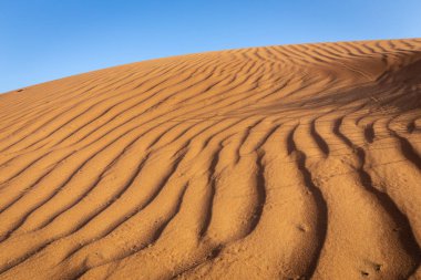 Dalgalı kum desenli altın çöl manzarası, mavi gökyüzü, Dubai, Birleşik Arap Emirlikleri.