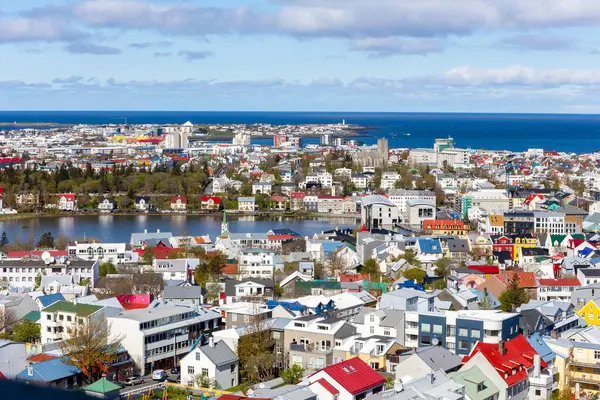Reykjavik, İzlanda manzarası, renkli evler ve binalar, Tjornin Gölü, Frikirkjan i Reykjavik lutheran kilisesi ve okyanus manzaralı Hallgrimskirkja kilise kulesinden görülen güneşli bir günde.