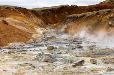 Seltun Geothermal Area in Krysuvik, landscape with steaming hot springs and orange colors of sulphur soil, Iceland. clipart