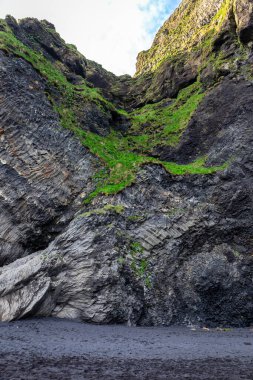 Reynisfjara Kara Kum Sahili 'ndeki bazalt sütunlardan oluşan Halsanefshellir mağarası, yosun ve İzlanda ile kaplı volkanik kaya oluşumları..