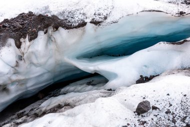 Blue crevasses in glacier ice in Skaftafell Glacier, part of Vatnajokull National Park, Iceland.