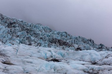 Skaftafell Glacier landscape, part of Vatnajokull National Park, Iceland. Blue glacier ice with cracks and crevasses.