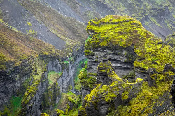 stock image Rock formations covered with moss in Mulagljufur Canyon, spring, Iceland.