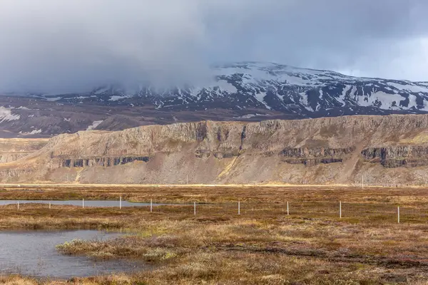 stock image East fjords Iceland landscape with grasslands and swamps, snowcapped mountains and volcanic rock formations, Egilsstadir area.