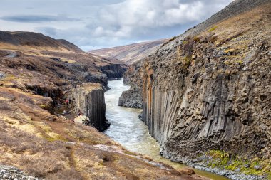 Studlagil Kanyonu (The Basalt Canyon) kahverengi buzul nehri ve dikey bazalt sütunları olan vadi manzarası, kayaların üzerinde oturan insanlar..