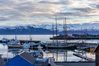 Husavik, İzlanda, 21.05.22. Balıkçı tekneli Husavik limanı, turist gemileri ve kargo gemilerini izleyen balina, arka planda Viknafjoll ve Kinnarfjoll dağ sıraları, kutup gecesi.