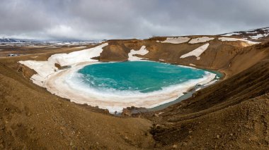 Krafla Kalderası 'ndaki Viti patlaması krateri turkuaz su, kar ve buz, Myvatn Jeotermal Alanı, İzlanda, yüksek çözünürlüklü panorama.