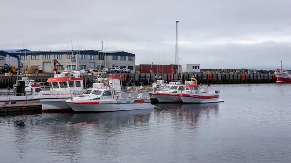 stock image Husavik, Iceland, 22.05.22. Husavik harbor with fishing boats docked by the pier.