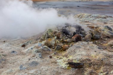 Hver 'de kızgın depo, kaynayan ve buharlaşan volkanik baca, İzlanda' da Myvatn Jeotermal Alanı, yakın görüş.